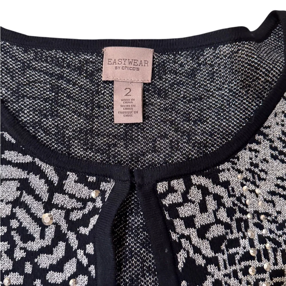 Chico’s Travelers Black Silver Metallic Shimmer Open Cardigan Jacket - Picture 2 of 11